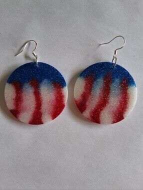 Hand Crafted Red White Blue Glitter Round Dangle Earrings